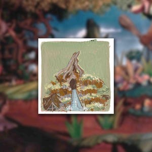 May include: A painting of a landscape with a large, brown rock formation in the center. The rock formation is surrounded by green and brown foliage. A small figure in blue is standing in front of the rock formation.
