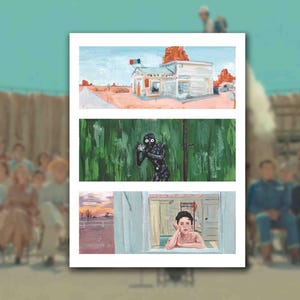 Puede incluir: Un collage de tres pinturas. La pintura superior muestra un edificio blanco con una bandera roja, blanca y azul. La pintura del medio muestra una figura oscura en un paisaje verde. La pintura inferior muestra a una mujer mirando por una ventana.
