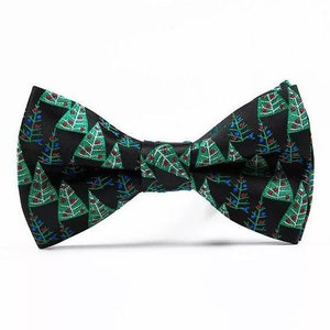 Green bow tie with decorated pine trees, Christmas gift