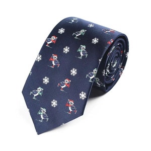 Dark blue tie with penguins on skates, Christmas gift