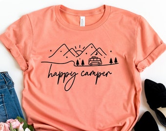 Happy Camper-shirt, avontuurshirt, Happy Camper Caravan-T-shirt, campingshirt, campershirt, leuk wandelshirt, reisshirt, vakantieshirt
