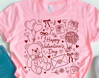 Happy Valentine's Day Tee: Coquette Valentine Tee, Retro Valentine Shirt, Valentine Doodle Shirt, Valentine's Day Shirt