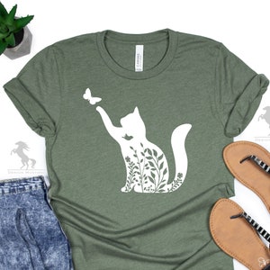 Floral Cat Shirt, Floral Cat Tee, Animal Lover Tee, Cat and Butterfly Shirt, Cat Lover Gift, Animals Tee
