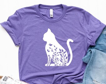 Camiseta de gato con flores, camiseta de gato con flores, camiseta para amantes de los animales, camiseta de gato, regalo para amantes de los gatos, camiseta con animales