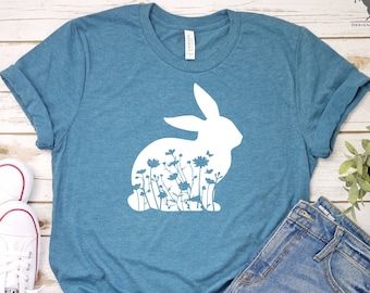 Camiseta de conejito floral, camiseta de conejito de Pascua, camiseta para amantes de los animales, camiseta de conejito, regalo para amantes de los conejos, camiseta de animales