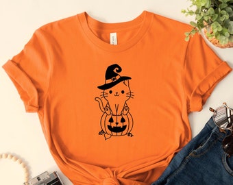 Halloween Black Cat With Pumpkin Shirt, Halloween Cat Shirt, Cute Halloween Cat Shirt, Cute Black Cat Shirt, Witch Cat Shirt,Black Cat Shirt
