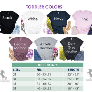 May include: A chart showing toddler t-shirt sizes and colors. The chart shows the sizes 2T, 3T, 4T, and 5T, with corresponding weight ranges and shirt lengths in inches. The colors shown are black, white, navy, pink, heather maroon, athletic heather, and dark grey heather.