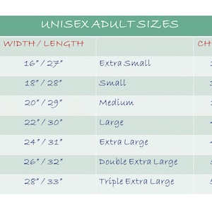 May include: A chart showing unisex adult sizes with corresponding width and length measurements in inches, as well as chest-to-fit measurements in inches.