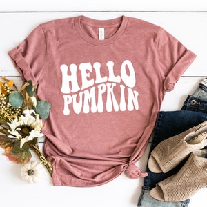 May include: A mauve t-shirt with the text "HELLO PUMPKIN" in white, retro-style lettering. The shirt is laid flat on a white wooden surface with a bouquet of fall foliage and a white pumpkin.