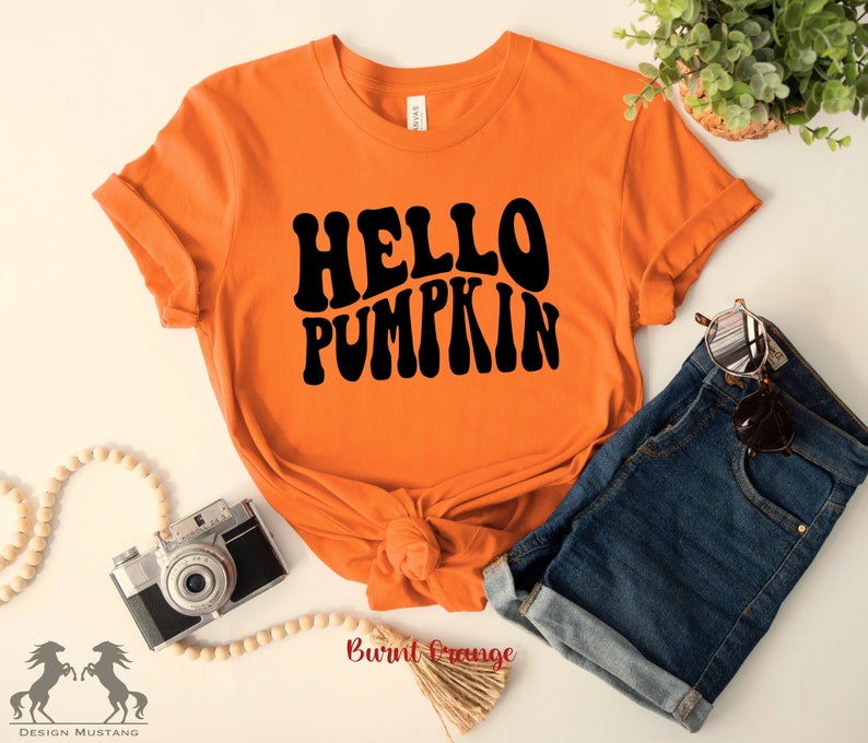 May include: Burnt orange t-shirt with black text that reads "Hello Pumpkin" in a retro font style.