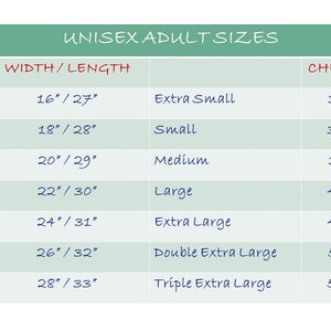 May include: A chart showing unisex adult sizes with corresponding width and length measurements in inches, as well as chest-to-fit measurements in inches.