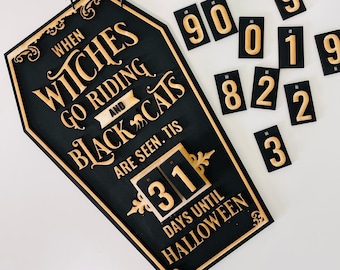 Halloween Countdown Calendar – Spooky Home Decor for Entryway, Coffee Bar, or Office – Wooden Sign with Coffin & Spider Design – Unique Hall