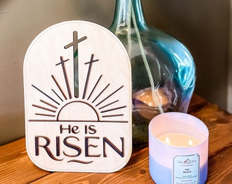Easter sign,He is risen wood sign,Easter home decor,Neutral Easter decor,Entryway Easter decorations,Engraved wood signs,Spring decor,Boho