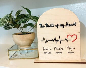 Valentines Day Gift,Personalized Valentines Decor,Custom Engraved Gift for Her, Personalized wooden family sign,The Beats of my heart sign