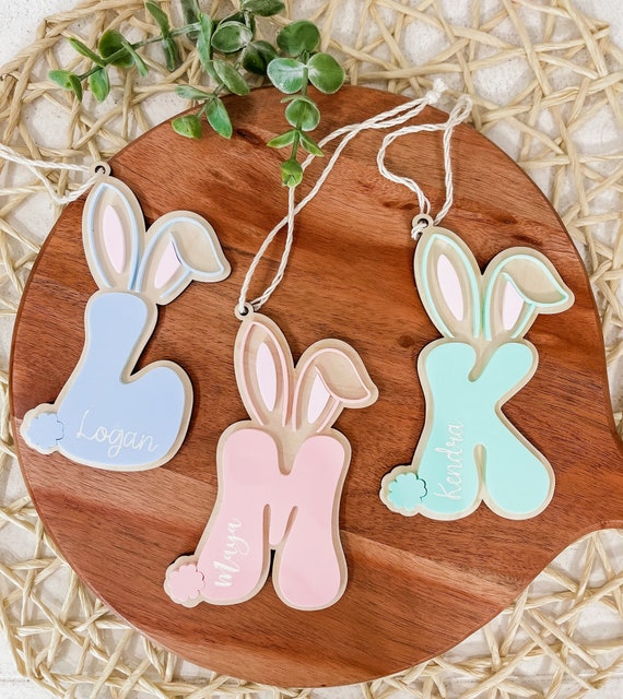 Custom Easter Tag,Initial Easter Basket Tag with bunny ear,Engraved easter basket tag,Easter gifts for kids,Personalized acrylic bunny tag