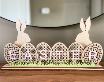 Rattan Easter Egg Sign,Boho Easter Decor,Easter Bunny Sign,Decorative Easter Eggs,Wooden Easter Decorations,Neutral Spring Decor,Boho Spring