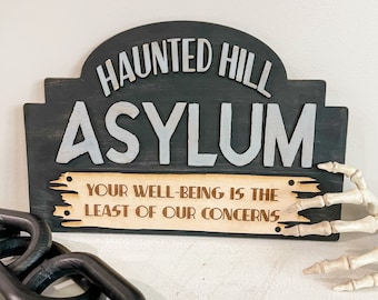 Halloween Decor, Spooky Decorations, Coffee Bar Halloween Decor, Wooden Sign, Haunted Hill Asylum,