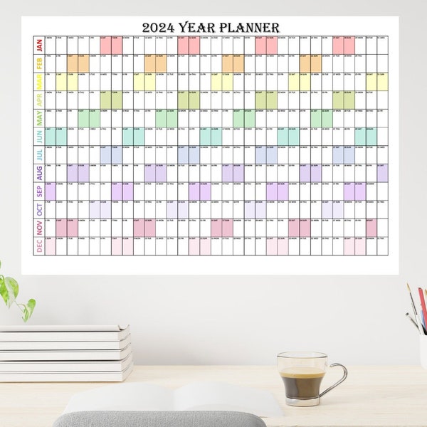 2024 Year Calendar Wall Planner | Large Office Landscape 2024 Year Planner | Downloadable Printable wall Planner | Instant PDF and Excel