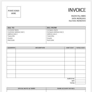 Könnte beinhalten: Eine leere Rechnungsvorlage mit Abschnitten für Kunden- und Unternehmensdetails, Menge, Beschreibung, Einzelkosten und Gesamtkosten. Enthält Felder für ein Logo, Rechnungsnummer, Datum und Fälligkeitsdatum. Schwarzer Text auf weißem Hintergrund.