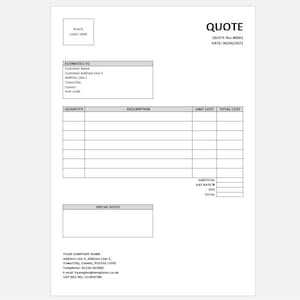 May include: A blank quote template with fields for customer information, quantity, description, unit cost, total cost, subtotal, VAT rate, VAT, and total. It also includes a section for special notes and a space for the company's contact information.