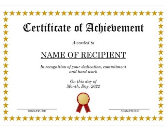 Certificate of Achievement Template Microsoft Word | Digital Download | Downloadable | Printable | Editable | Template | Gold Stars |