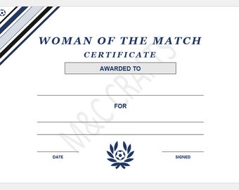 Woman Of The Match Football Certificate Template | Microsoft Word | PDF | Football Award Certificate | Downloadable | Editable | Printable