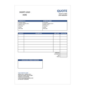 May include: A blank quote template with fields for customer and vendor information, a table for listing items, quantities, unit cost, and total cost, and a section for special notes and terms and conditions. The document includes a title "QUOTE" with the quote number and date.