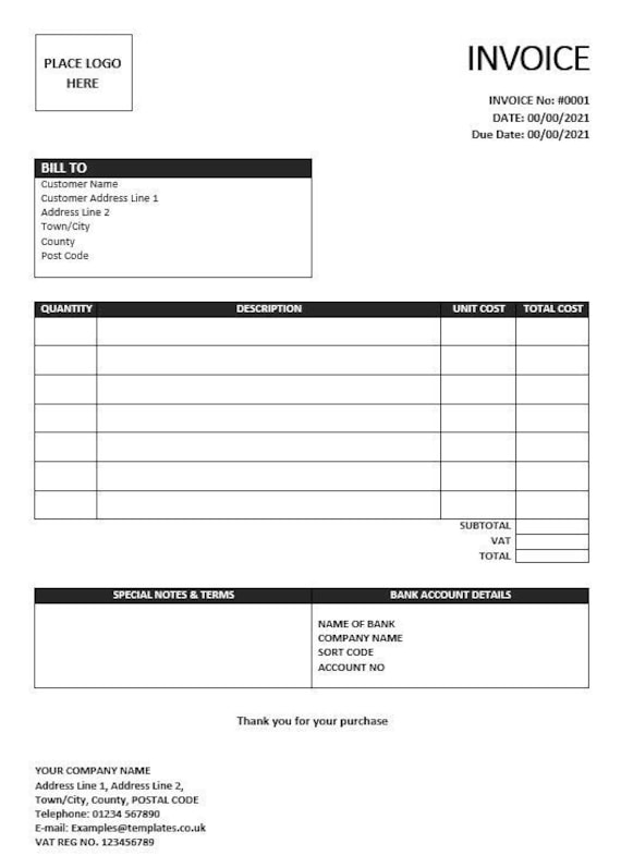 invoice template downloadable invoice printable invoice etsy