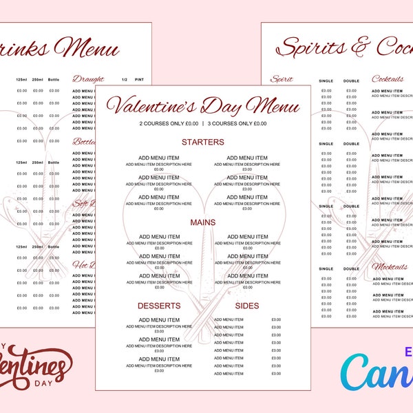 Valentine's Day Restaurant Menu | Valentine's Day Menu Template Digital Download | Editable | Printable Drinks Menu Cocktail Menu Food Menu