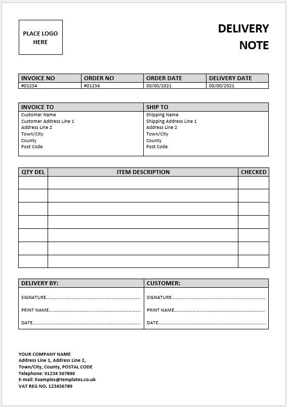 Delivery Note Template Business Template Downloadable Printable