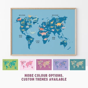 May include: A framed world map print featuring a light blue background with continents in a darker blue. Colorful dinosaur illustrations are placed on the continents. The text "ARCTIC OCEAN", "PACIFIC OCEAN", "ATLANTIC OCEAN", and "INDIAN OCEAN" are visible. Additional color options and custom themes are available.