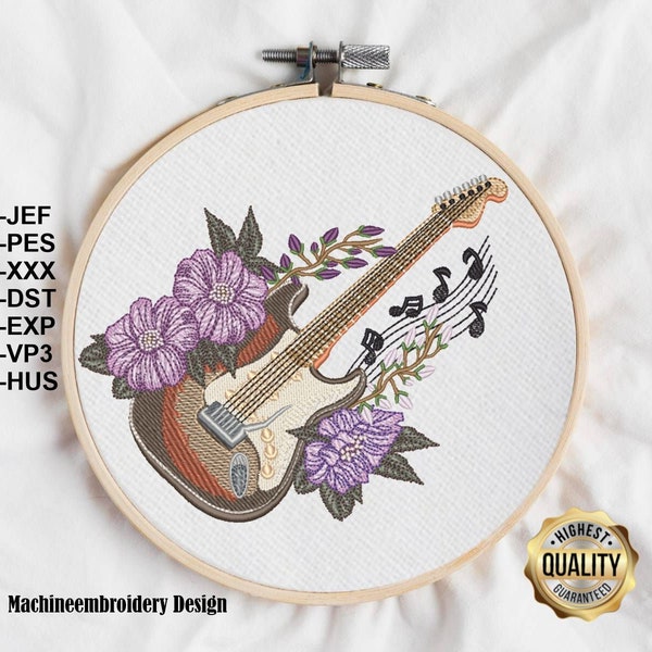Embroidery Stickdatei Gitarre mit Blumen /Guitar with flower Embroidery Design, Patterns for Machine embroidery design, INSTANT DOWNLOAD