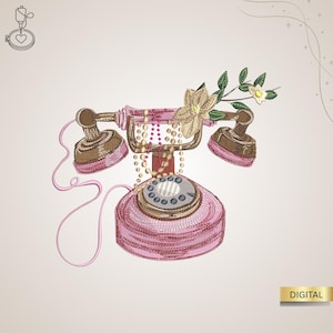 Könnte beinhalten: Gesticktes rosa Vintage-Telefon mit braunen Akzenten, einem Blumenarrangement und einer Perlenkette. Das Design umfasst ein Wählscheibe und einen Hörer. Das Wort "DIGITAL" befindet sich in einem goldenen Rechteck.