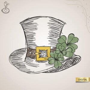 Könnte beinhalten: Gestickte Illustration eines Leprechaun-Hutes mit goldener Schnalle und grünen Kleeblättern. Der Hut ist weiß mit schwarzen Nähten und einem braunen Band. Das Wort "DIGITAL" befindet sich in einem goldenen Rechteck.