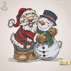 Könnte beinhalten: Gesticktes Design mit Weihnachtsmann, der einen Schneemann umarmt. Der Weihnachtsmann trägt einen roten Anzug mit weißem Besatz und braunen Stiefeln. Der Schneemann hat einen schwarzen Zylinder, eine orangefarbene Karottennase und einen grünen Schal. Das Wort "DIGITAL" steht in einem goldenen Rechteck.