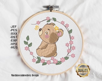 Embroidery Bear with flowers/Stickdatei Bär im Blumenkranz/Flower and animal Frame Motif for Machine embroidery Pattern,INSTANT DOWNLOAD