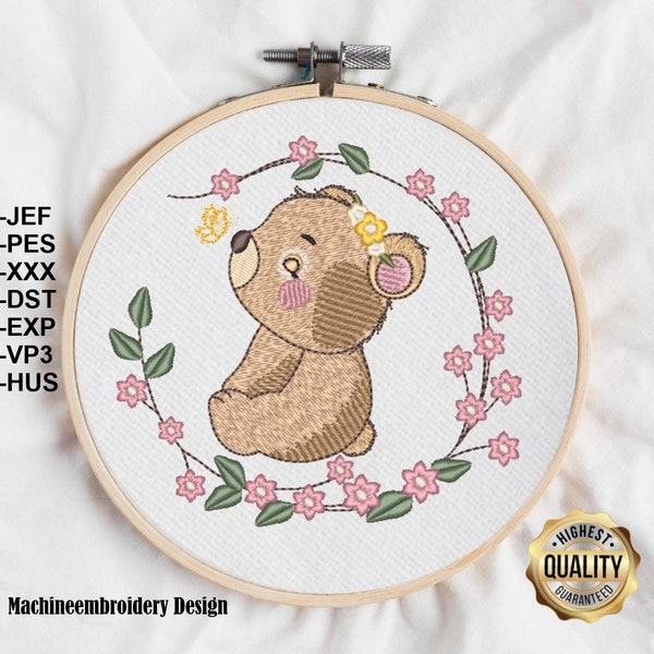 Embroidery Bear with flowers/Stickdatei Bär im Blumenkranz/Flower and animal Frame Motif for Machine embroidery Pattern,INSTANT DOWNLOAD