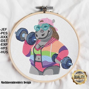 Embroidery Hippo sporty / Stickdatei Nilpferd Sport animal Design pattern, Machine embroidery Pattern, INSTANT DOWNLOAD image 1