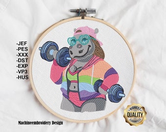 Embroidery Hippo sporty / Stickdatei Nilpferd Sport animal Design pattern, Machine embroidery Pattern, INSTANT DOWNLOAD