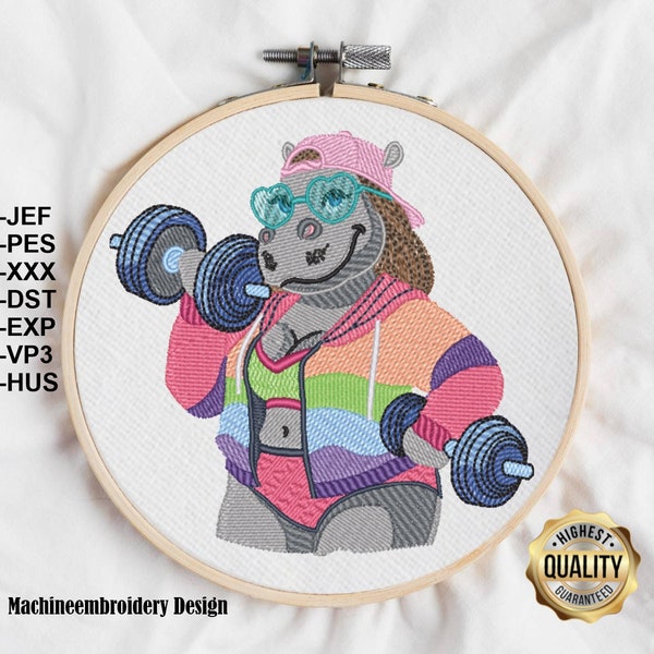 Embroidery Hippo sporty / Stickdatei Nilpferd Sport animal Design pattern, Machine embroidery Pattern, INSTANT DOWNLOAD