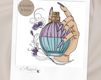 Fichier de broderie pour broderie machine, motif flacon de parfum fleuri, téléchargement instantané.