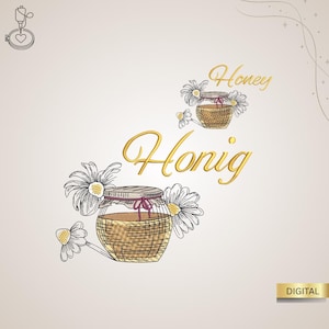 Könnte beinhalten: Ein gesticktes Design mit zwei Honigtöpfen, umgeben von Gänseblümchen. Das Wort "Honey" ist in goldener Schrift über einem Glas geschrieben, und das Wort "Honig" ist in goldener Schrift unter dem anderen Glas geschrieben. Das Wort "DIGITAL" steht in einem goldenen Rechteck.