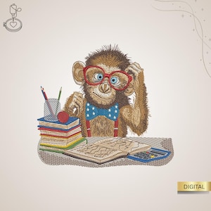 May include: An embroidered design of a monkey wearing red glasses and a bow tie, sitting at a desk with books, a calculator, and a keyboard. The monkey is scratching its head, with pencils and a red ball on the desk.