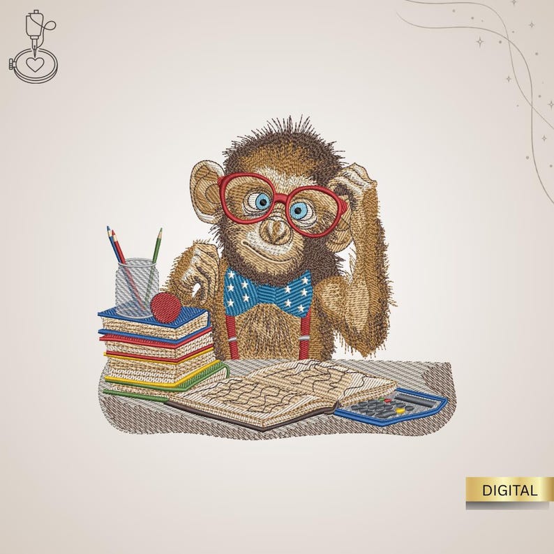 May include: An embroidered design of a monkey wearing red glasses and a bow tie, sitting at a desk with books, a calculator, and a keyboard. The monkey is scratching its head, with pencils and a red ball on the desk.