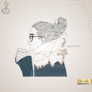 Könnte beinhalten: Strichzeichnung einer Person mit Brille, Schal und Pullover, die eine Kaffeetasse hält. Das Bild enthält den Text "Appli & Stitch" und "DIGITAL". Der Stil ist minimalistisch, mit feinen Linien und neutraler Farbpalette.