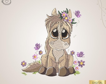 Embroidery Horse, Pony with Flowers Embroidery File / Horse with Flower Design Motifs, Patterns for Machine Embroidery Design, INSTANT DOWNLOAD