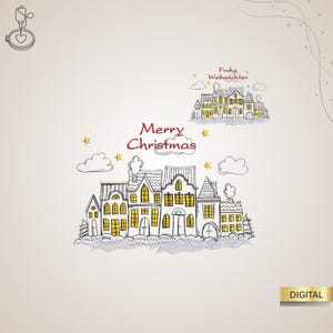 Könnte beinhalten: Eine digitale Illustration mit Weihnachtsmotiv. Sie zeigt detaillierte Strichzeichnungen von Häusern mit gelben Fenstern, zusammen mit den Texten "Merry Christmas" und "Frohe Weihnachten".