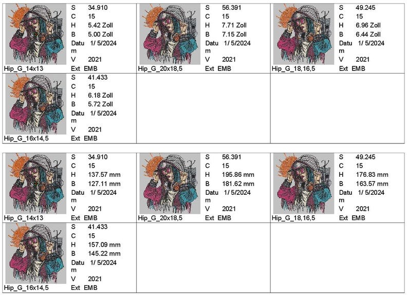 Op de afbeelding: Verschillende borduurontwerpen met een gestileerde vrouwelijke figuur met een capuchon, zonnebril en jas. Elk ontwerp bevat afmetingen in mm en de datum 1/5/2024.