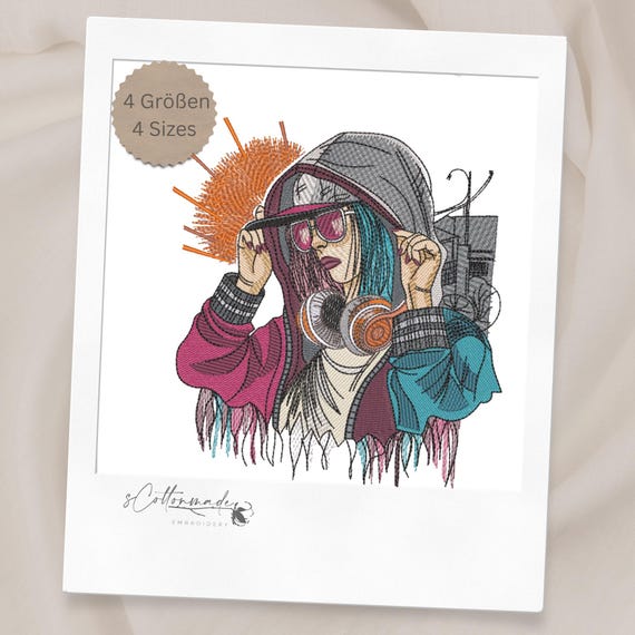 Embroidery Hip Hop Girl / Stickdatei Streetstyle Mädchen, Hoodie & Kopfhörer, Urban Design, 4 Sizes, Machine Embroidery, Instant Download