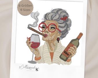Borduurwerk Dame met wijn en sigaar / Borduurbestand Dame met wijn en sigaar / Grappig ontwerp, Machinaal borduurontwerp, Direct downloaden